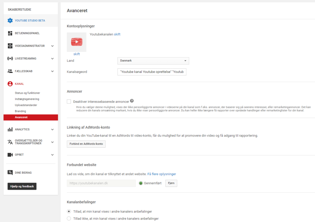 Youtube skaberstudie - avancerede indstillinger