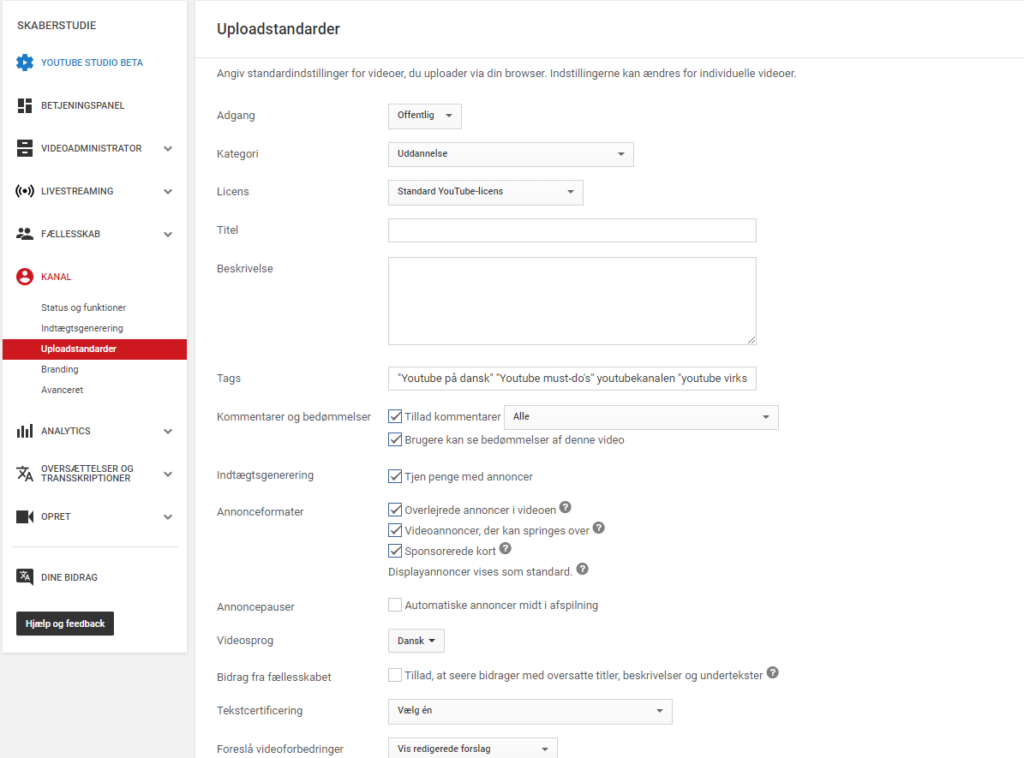 Youtube skaberstudie - uploadstandarder